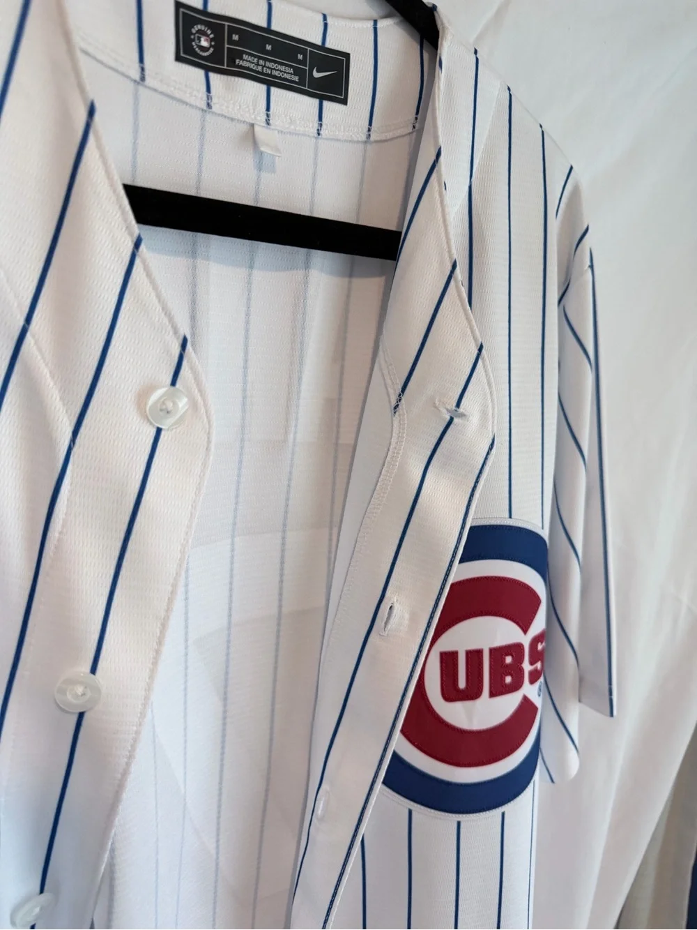 Nike White Pinstripe Baseball Jersey with Blue and Red Accents
